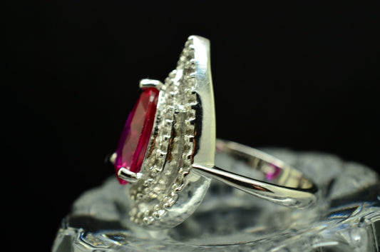 925 Sterling Silver Pear Cut Pink Ruby Ring Band w/ Double Halo Design Sz 6.75