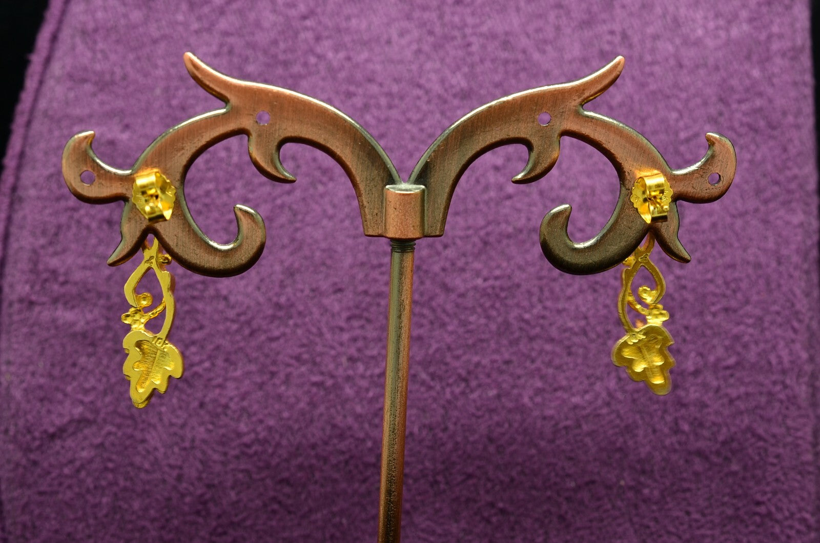 10K 14K Yellow Gold Dangling Two Tone Black Hills Gold Leaves Post Earrings
