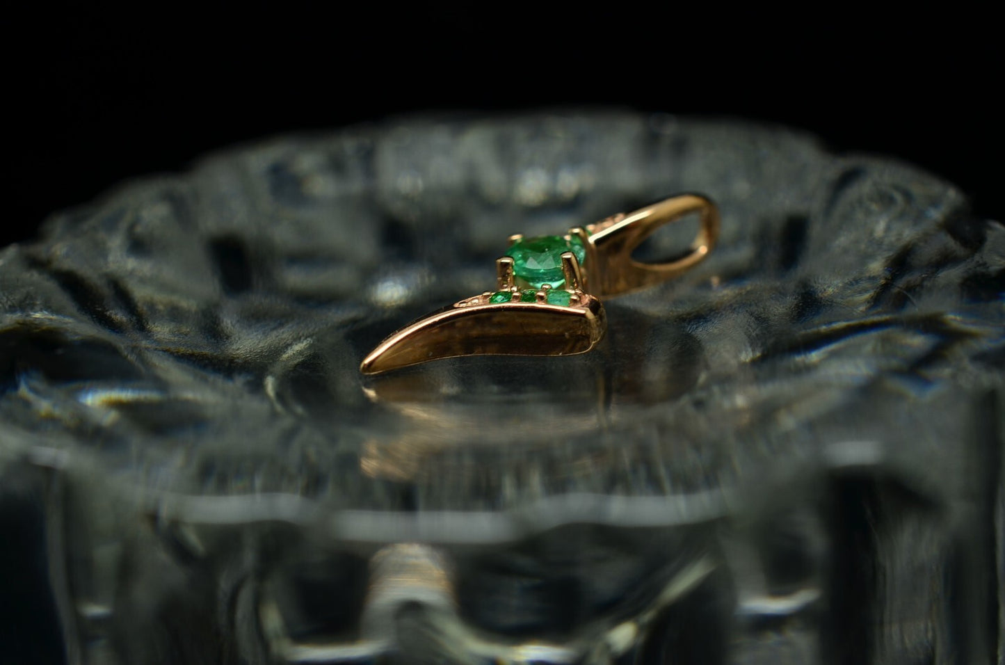 10K Rose Gold floating bypass design pendant charm with green emeralds