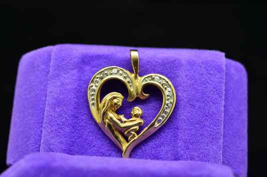 10K Yellow Gold Mother Holding Baby Open Heart Pendant Charm w/ Diamonds