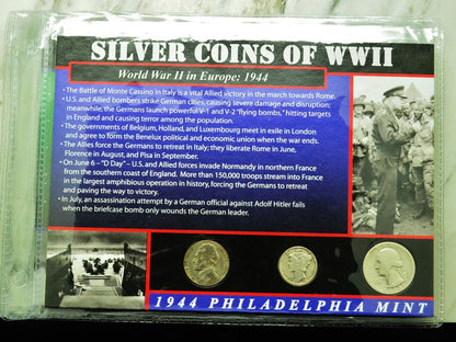 10 Display Pages of Silver Coins of WWII each w/ a Silver Nickel Dime & Quarter
