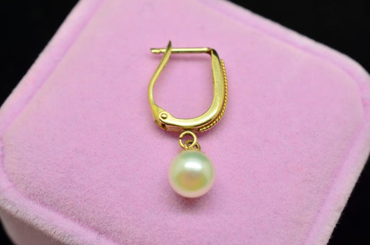 14K Yellow Gold U Shaped Hoop Single Earring With Dangling White Pearl -just one