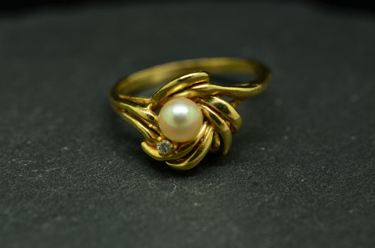 14K Yellow Gold natural light pink pearl ring band w/ diamond size 7.25