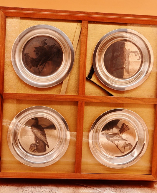Framed Display W/ Four Bird Design Sterling Silver 8" Collector Plates