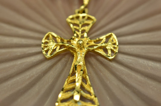 14K Yellow Gold Filigree Cross Crucifix Pendant Charm
