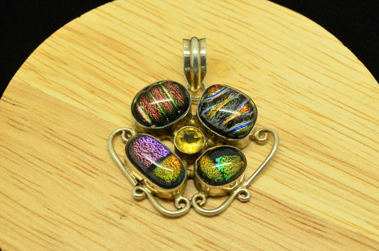 925 Sterling Silver cluster of dichroic glass pendant charm