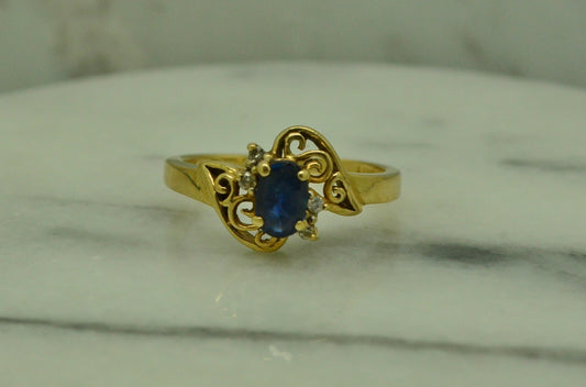 14K Yellow Gold oval blue sapphire ring band w/ diamond accents size 6.25