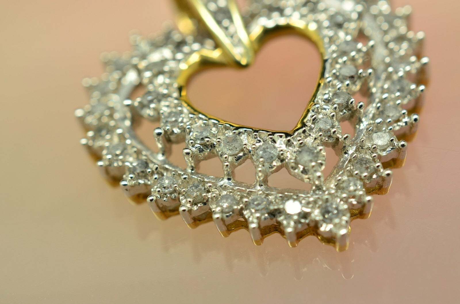 10K Yellow & White Gold Pave Diamond Open Heart Pendant Charm 0.48 tcw