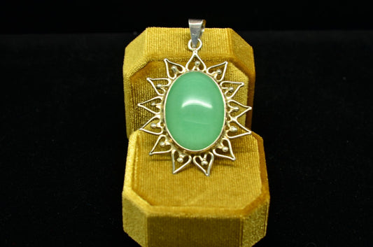 925 Sterling Silver oval flower green jade pendant charm