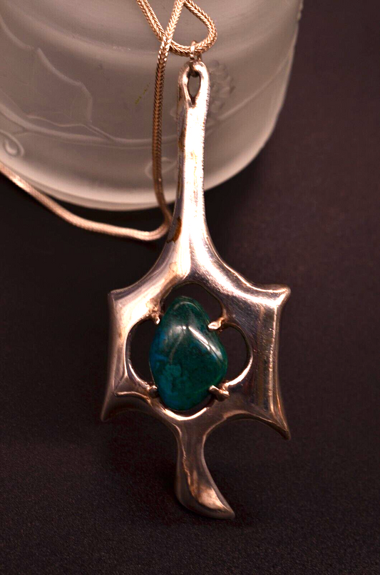 925 Sterling Silver Large Chrysocolla Pendant Charm  w/ 24" Wheat Chain