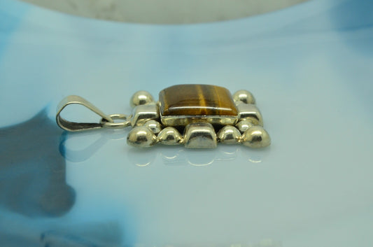 925 Sterling Silver square tiger's eye solitaire pendant charm w/ beaded design