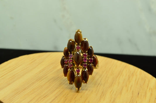 12K YELLOW GOLD TIGER'S EYE & PINK RUBY COCKTAIL RING BAND SIZE 7.75