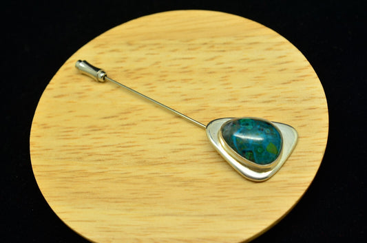 925 Sterling Silver Lapel Hat Stick Pin w/ Colorful Mostly Blue Agate
