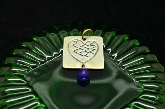 925 Sterling Silver square pendant heart charm with blue glass dangle
