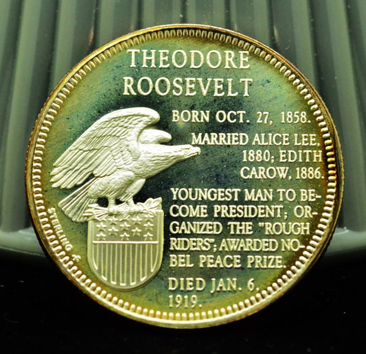 925 Silver Franklin Mint Art Round Presidential Treasury Theodore Roosevelt