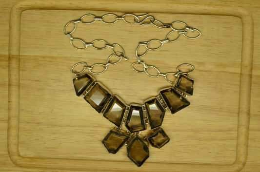 17" 925 Sterling Silver smokey glass chunky multi-stone pendant necklace