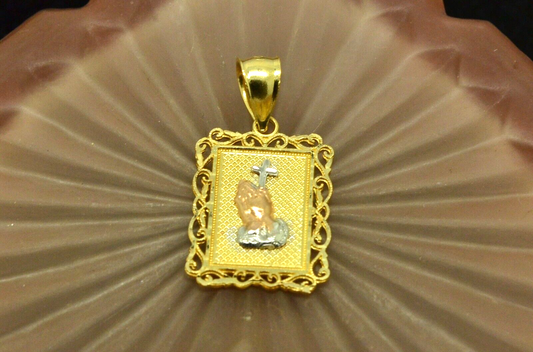 14K Yellow gold fancy framed prayer hands & cross pendant charm