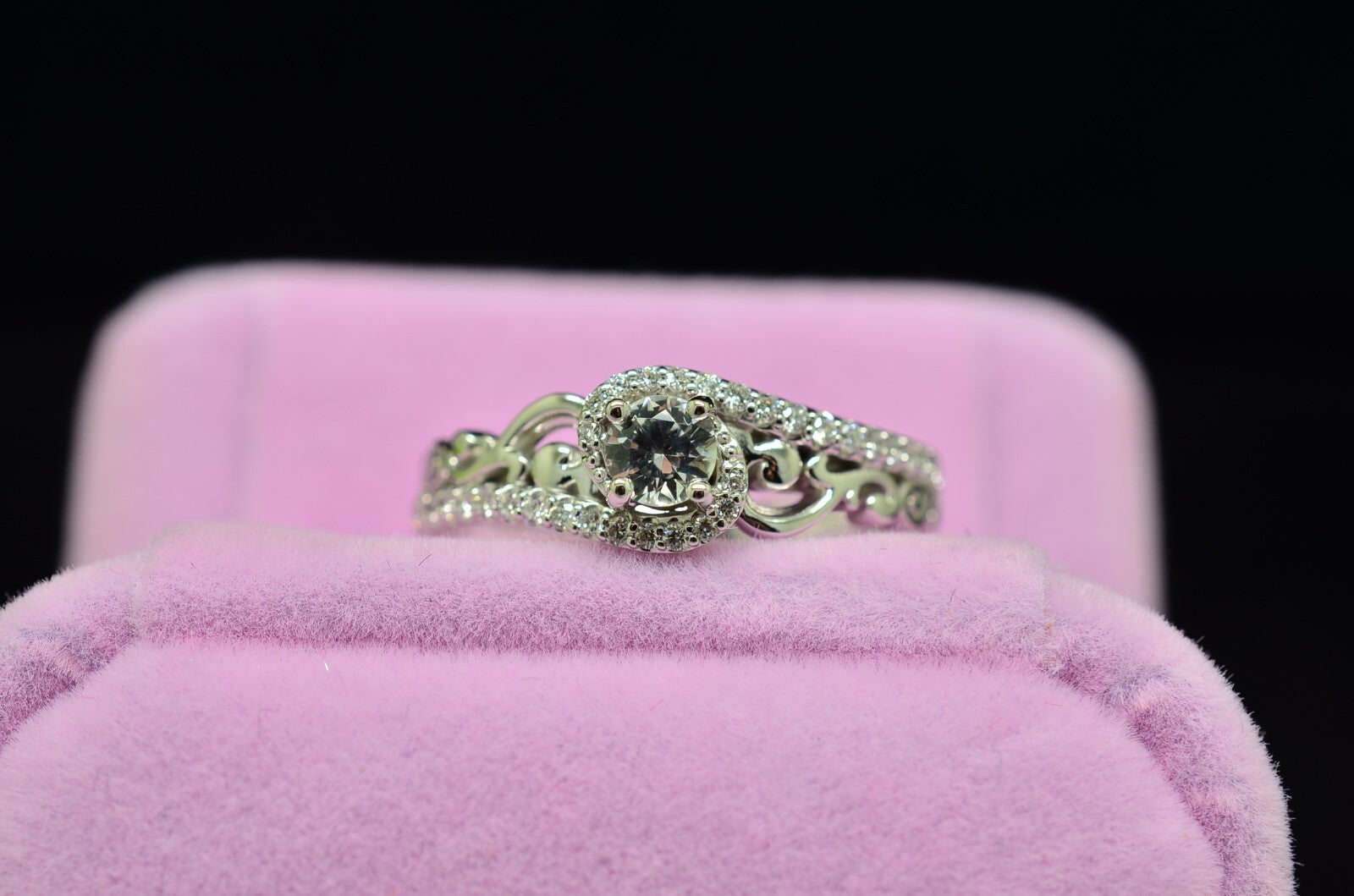 10K White Gold White Sapphire Sculptural Engagement Ring Diamond accents Size 7