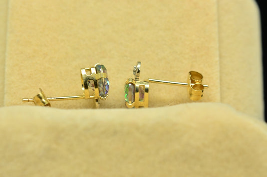 10K Yellow Gold Heart Cut Mystic Topaz Stud Earrings w/ CZ Accents