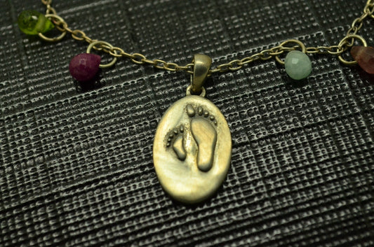 18" 925 Sterling Silver cable chain with multi-gemstones and footprint  pendant