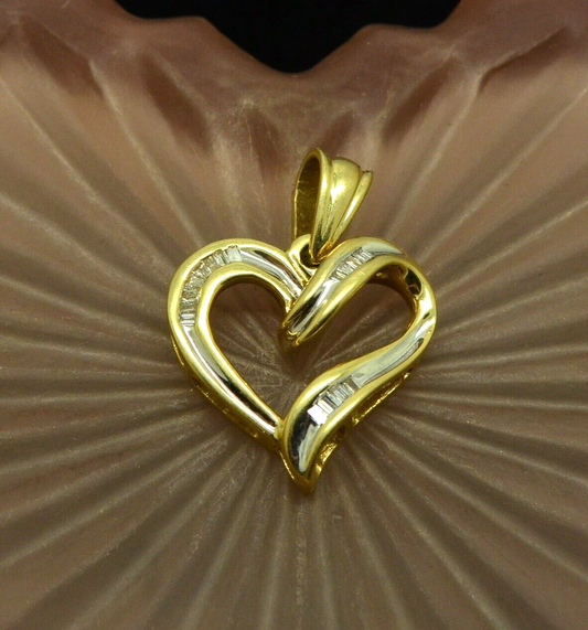 10K Yellow Gold open heart pendant charm with channel set diamonds 0.13 tcw