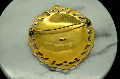 YELLOW GOLD FILLED SIAM THAILAND NIELLO ROUND PIN BROOCH -MEKKALA DANCER