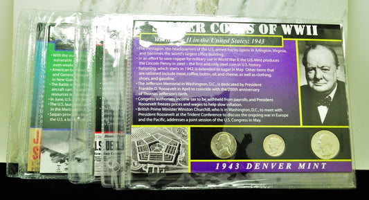 10 Display Pages of Silver Coins of WWII each w/ a Silver Nickel Dime & Quarter
