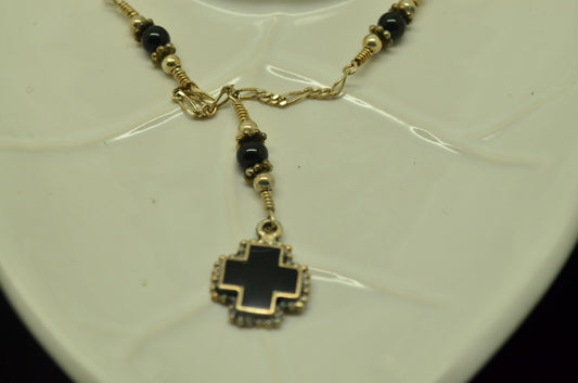 18" 925 Sterling Silver figaro chain with black bead stations and cross drop