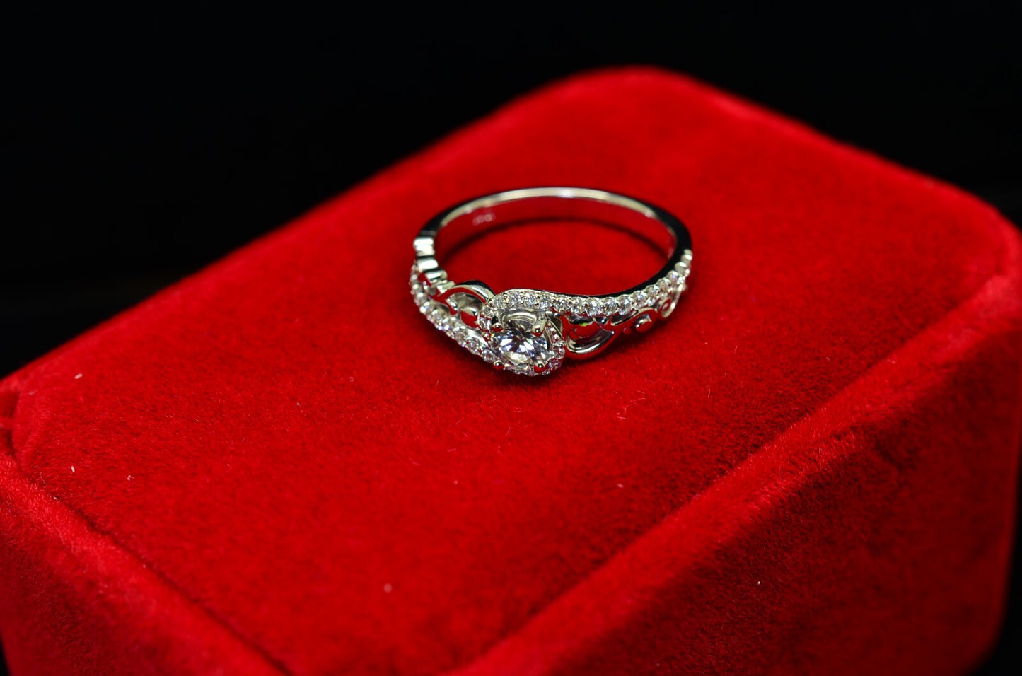 10K White Gold White Sapphire Sculptural Engagement Ring Diamond accents Size 7