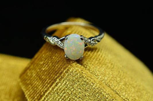 14K White Gold Infinity Design White Opal Engagement Ring with Diamonds Size 7