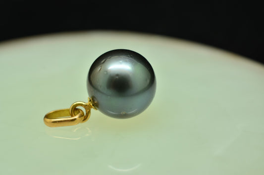 18K Yellow Gold Natural Round Gray Tahitian Pearl Pendant Charm 11mm