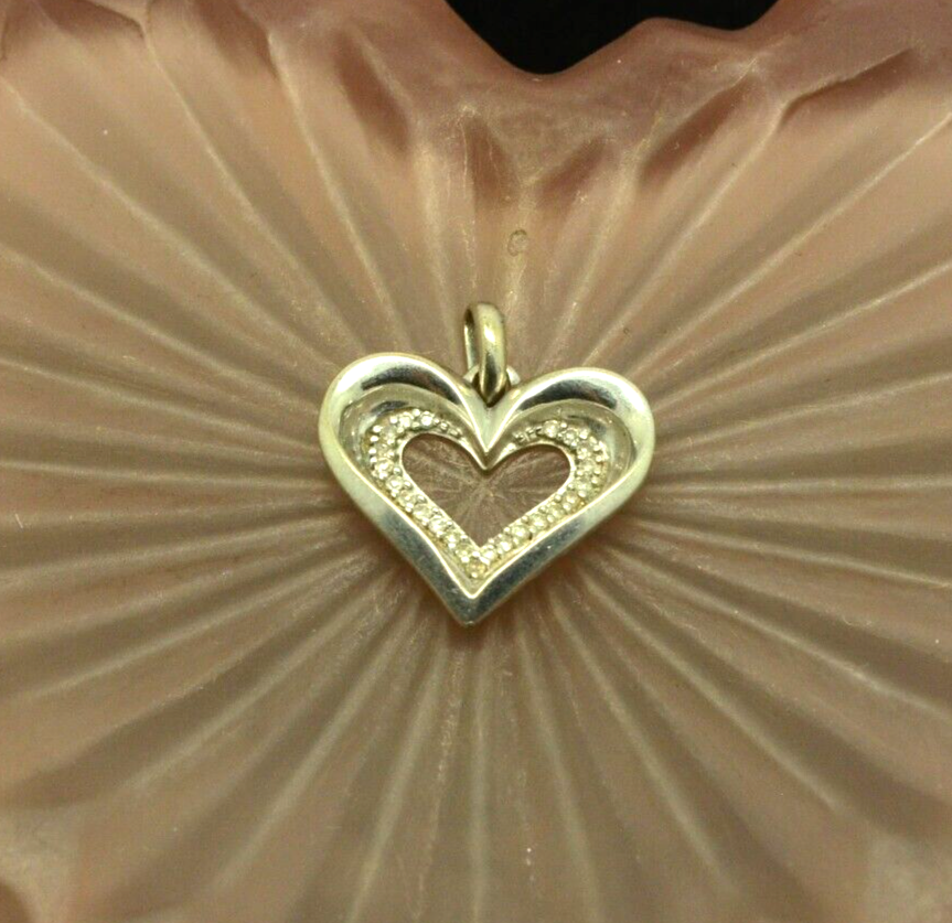 10K White gold open heart pendant charm reversible w/ diamonds #D3753
