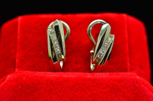 14K White Gold U shaped diamond omegaback earrings 0.24 tcw