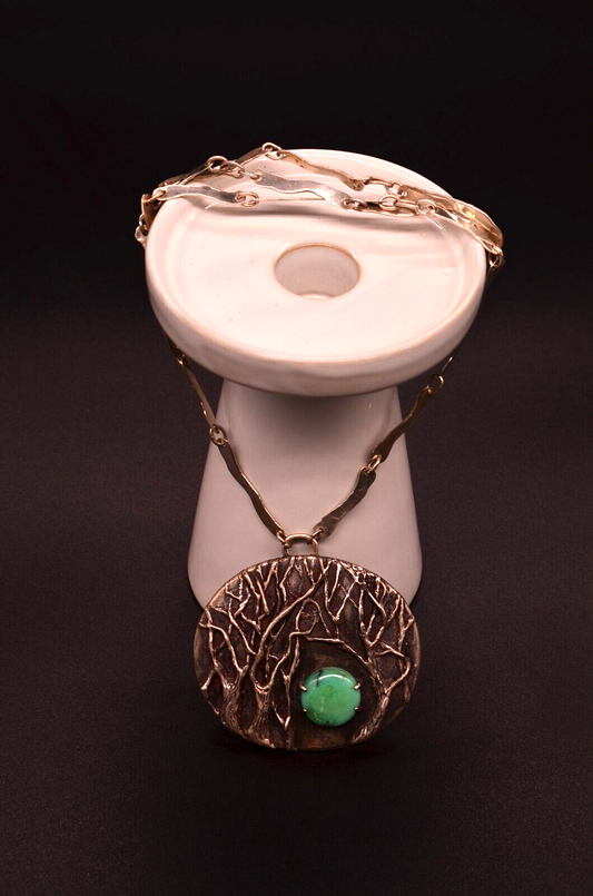 925 Sterling Silver Large Forest Design Turquoise Pendant Charm w/ 31" Bar Chain