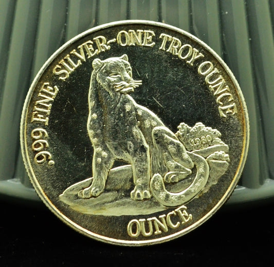 1980 Carlino Mint Leopard / Cougar Art Round -1 Troy Oz .999 Silver
