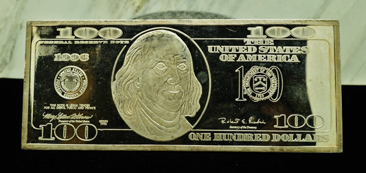 1996 $100 BILL SILVER INGOT BAR -4 TROY OUNCES .999 SILVER
