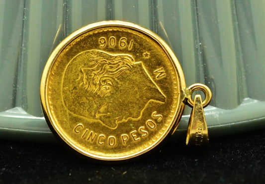 1906 Mexico 5 Pesos Gold Coin IN 14K Bezel Pendant KM#464