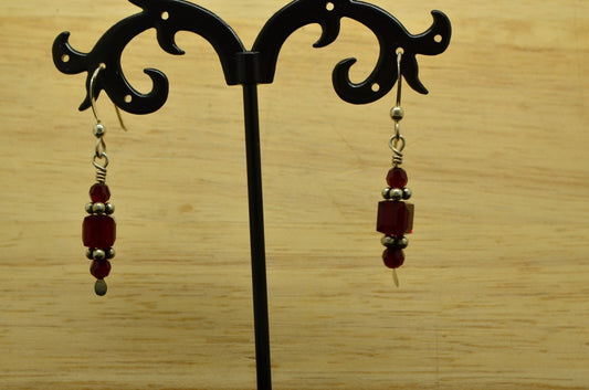 925 Sterling Silver dangling red beaded fishhook earrings