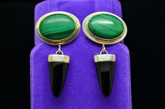 925 Sterling Silver Oval Malachite Post Earrings w/ Dangling Onyx