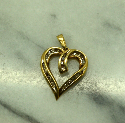 10K Yellow gold open heart w/ channel set diamonds pendant charm 1/4 tcw #D3779