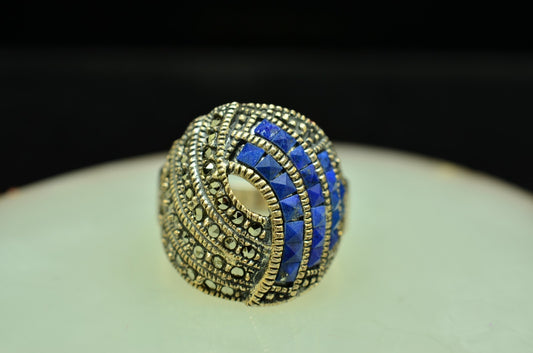 925 Sterling Silver Pave Lapis Lazuli & Marcasite Dome Ring Band Size 7