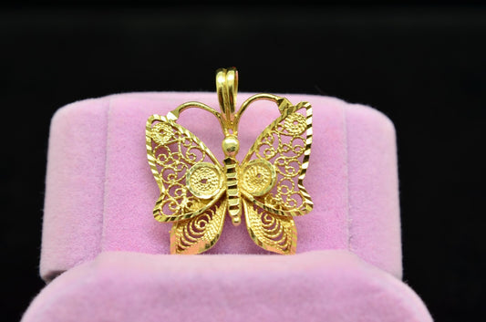 14K Yellow Gold Filigree Butterfly Pendant Charm