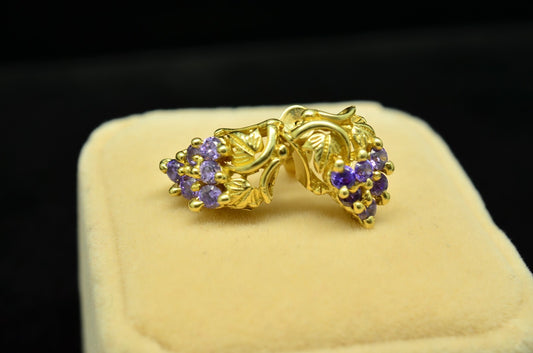 14K Yellow Gold Amethyst Cluster of Grapes Design Stud Earrings