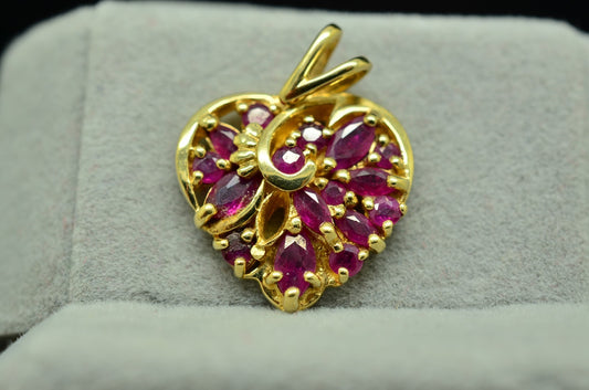 10K Yellow Gold Heart Shaped Pendant Charm Covered in Dark Pink Rubies
