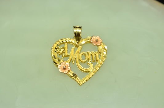 14K Yellow Gold Open Heart "#1 MOM" Pendant Charm w/ Rose Gold Flowers
