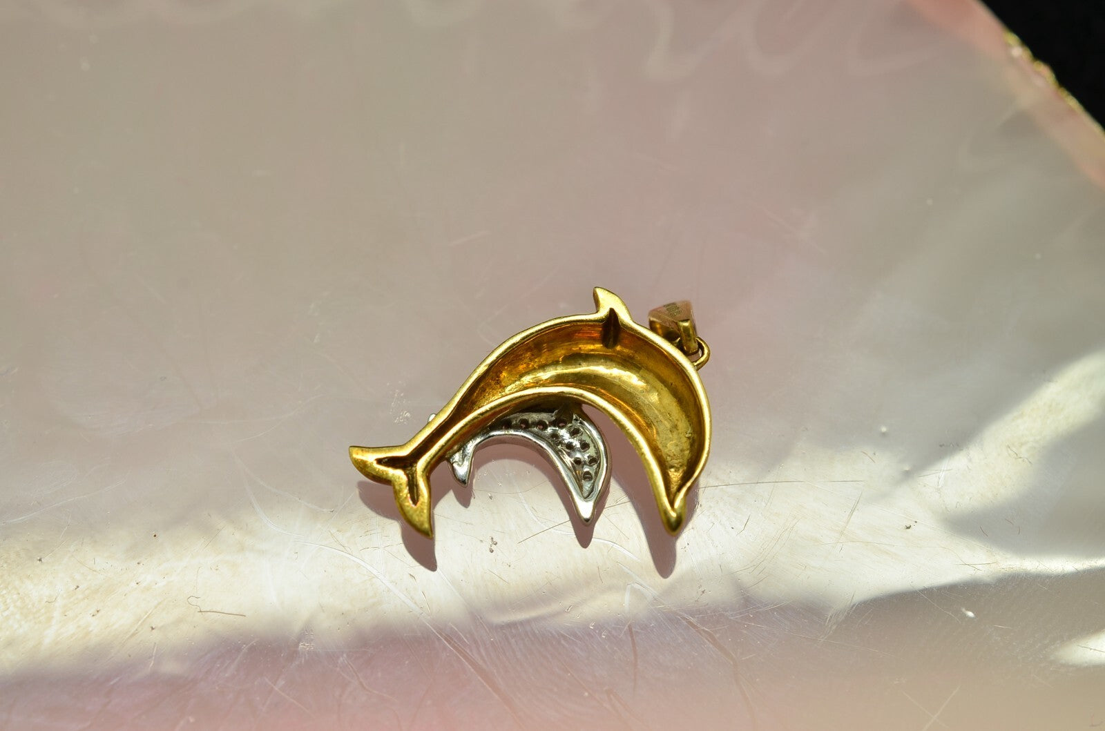 10K Yellow & White Gold Mother & Baby Dolphin pendant charm w/ diamonds