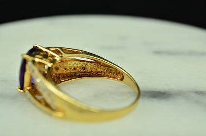 10K Yellow Gold Cushion Cut Amethyst Solitaire Ring Band w/ Diamonds Size 6.75