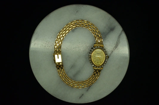 6.5" 14K YELLOW GOLD GENEVA OVAL LADIES QUARTZ WRISTWATCH W/ DIAMONDS #D3539