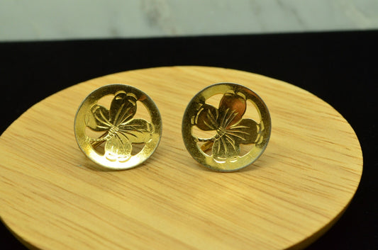 Gold plated 925 Sterling Silver round framed four leaf clover screwback earrings
