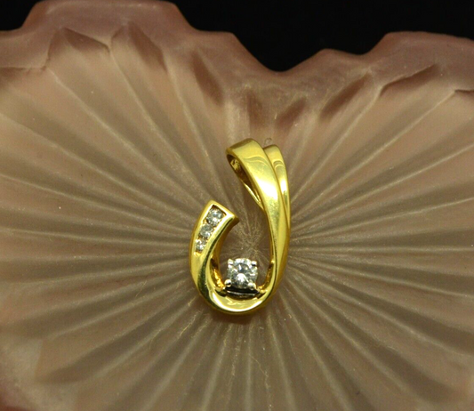 14K Yellow gold J shaped ribbon pendant charm w/ diamonds 0.25 tcw